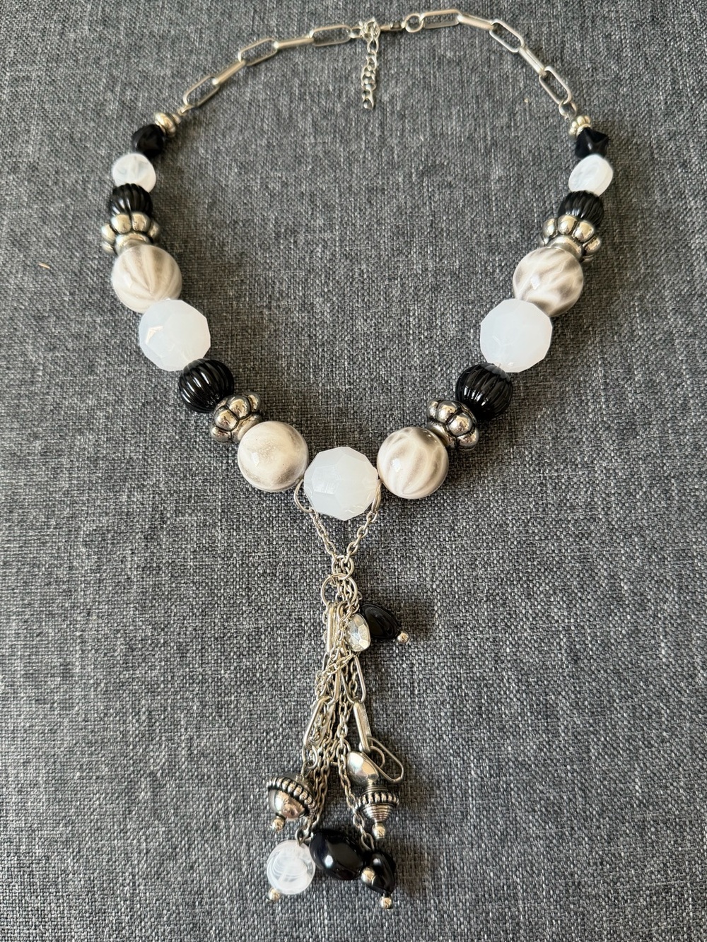 Elegant Black, White & Silver Beaded Tassel Necklace
